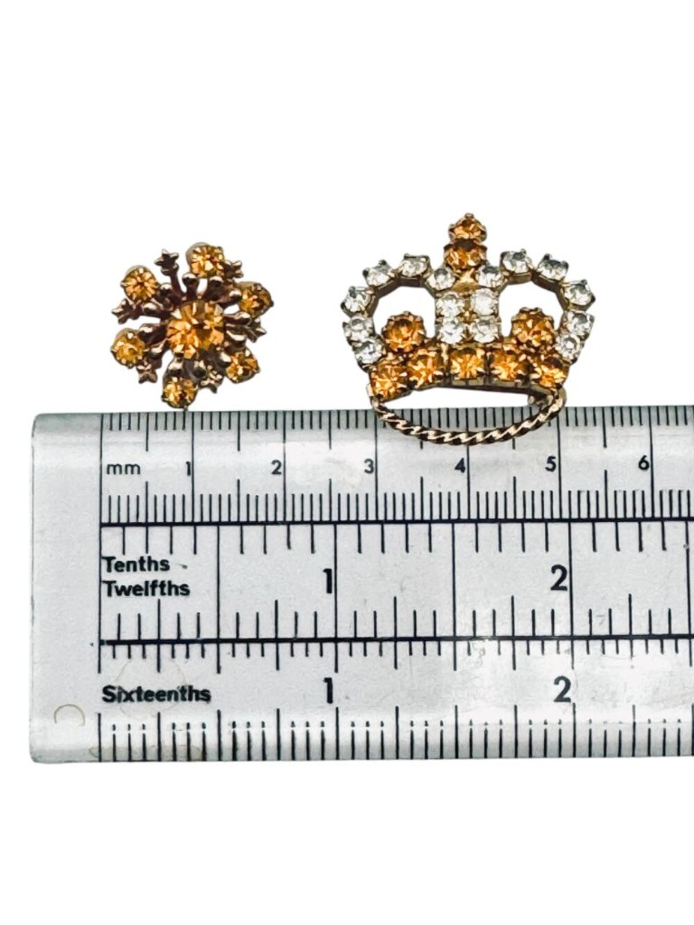Vintage Crown Brooch Starburst Scatter Pin Gold Tone Rhinestones 2pc Prong-Set - Picture 5 of 5